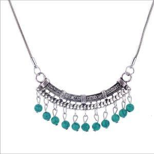 Tribal blue bead necklace women’s silver chain choker jewelry